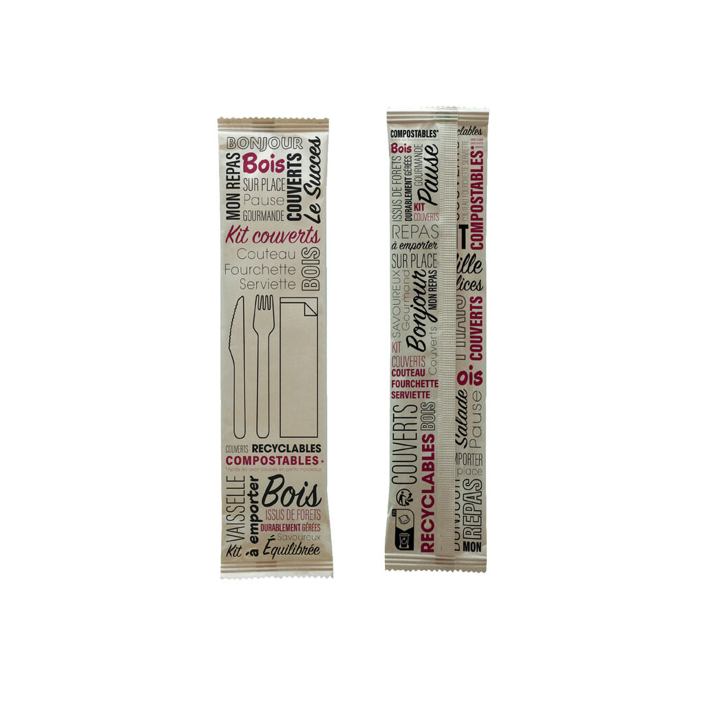 Kit couverts 3/1 bois "Le Succès" (couteau, fourchette, serviette)