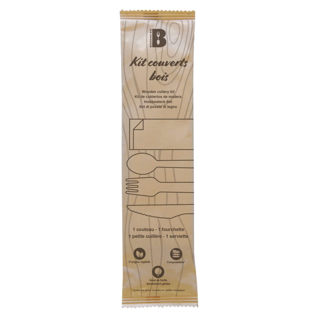 Kit couverts 4/1 bois (couteau, fourchette, cuillère, serviette)